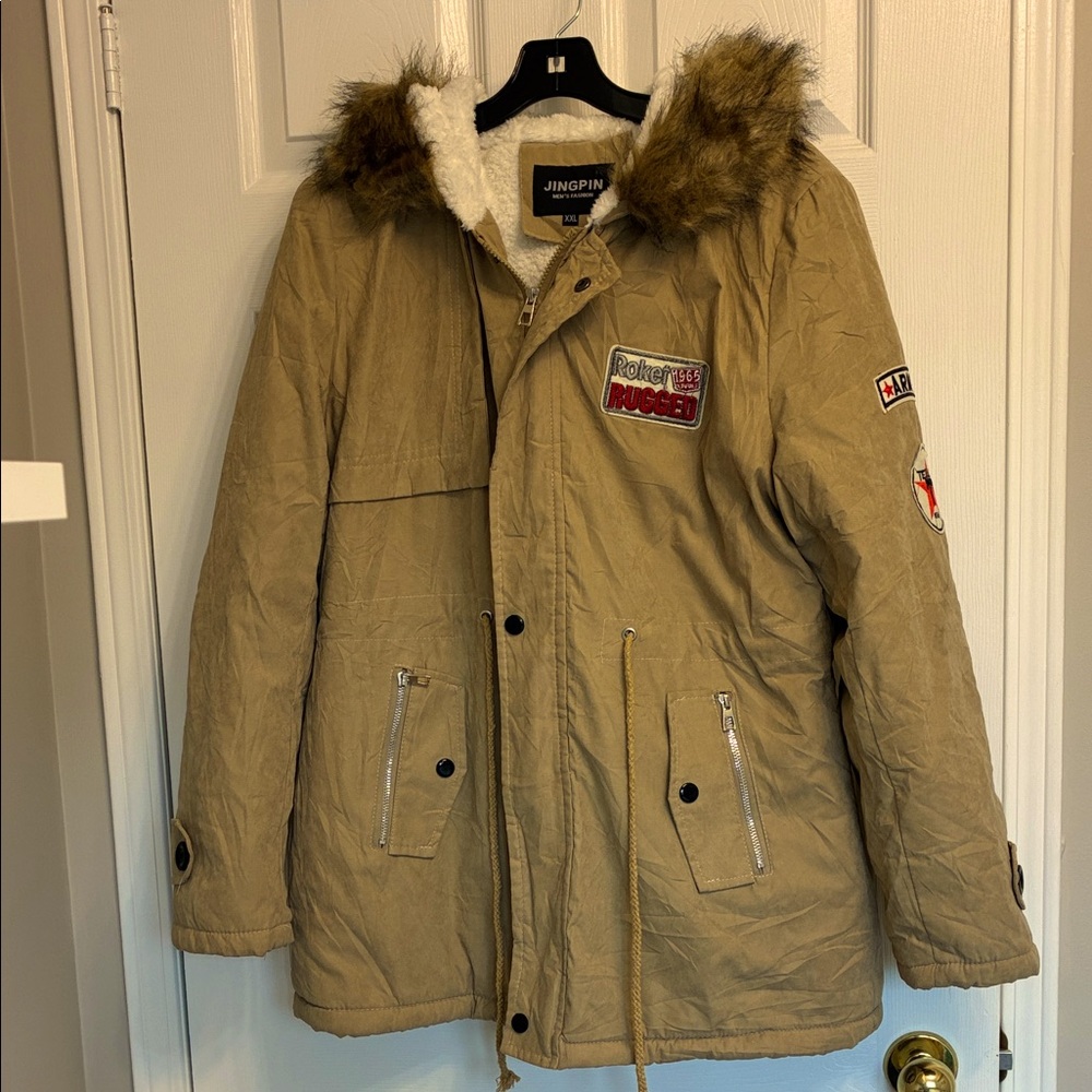 Men's Tan Parka Jacket with Faux Fur Hood size xxl